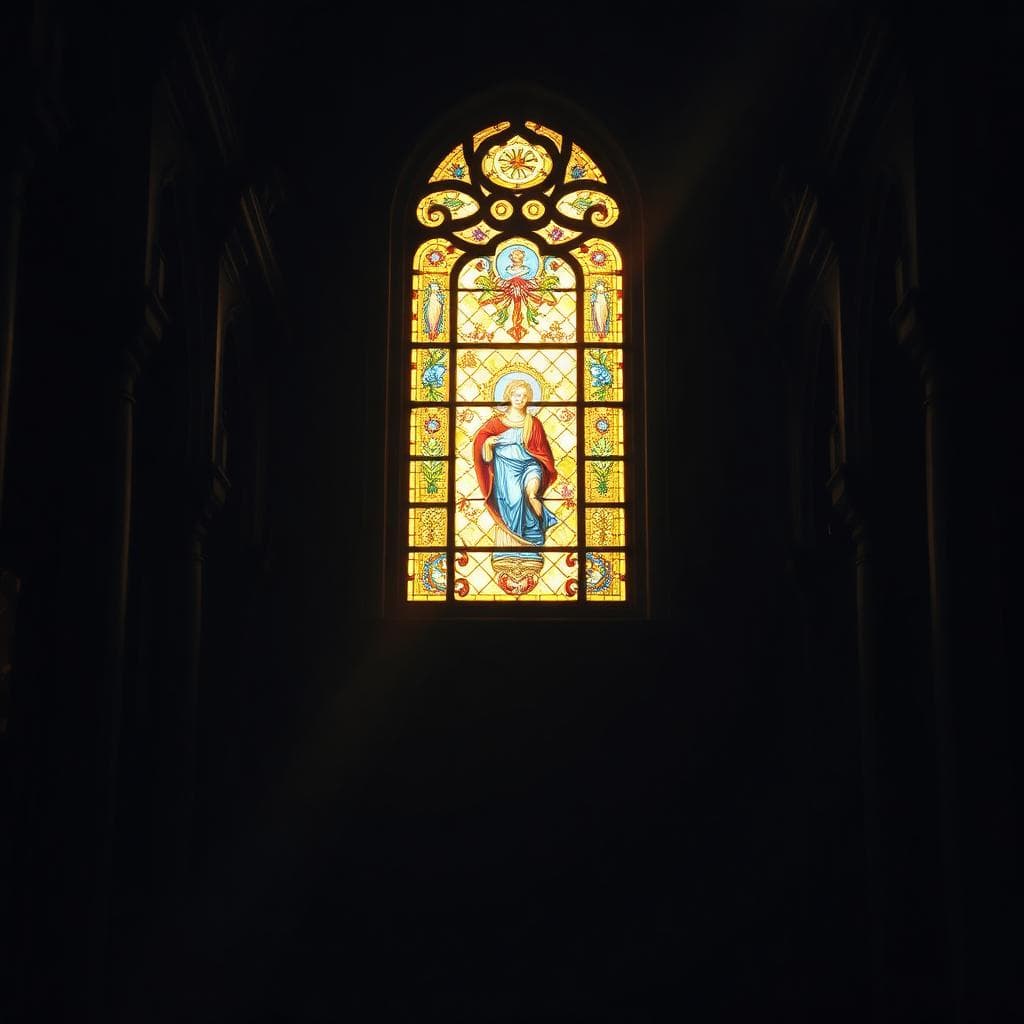 Vitral luminoso dentro de una iglesia oscura