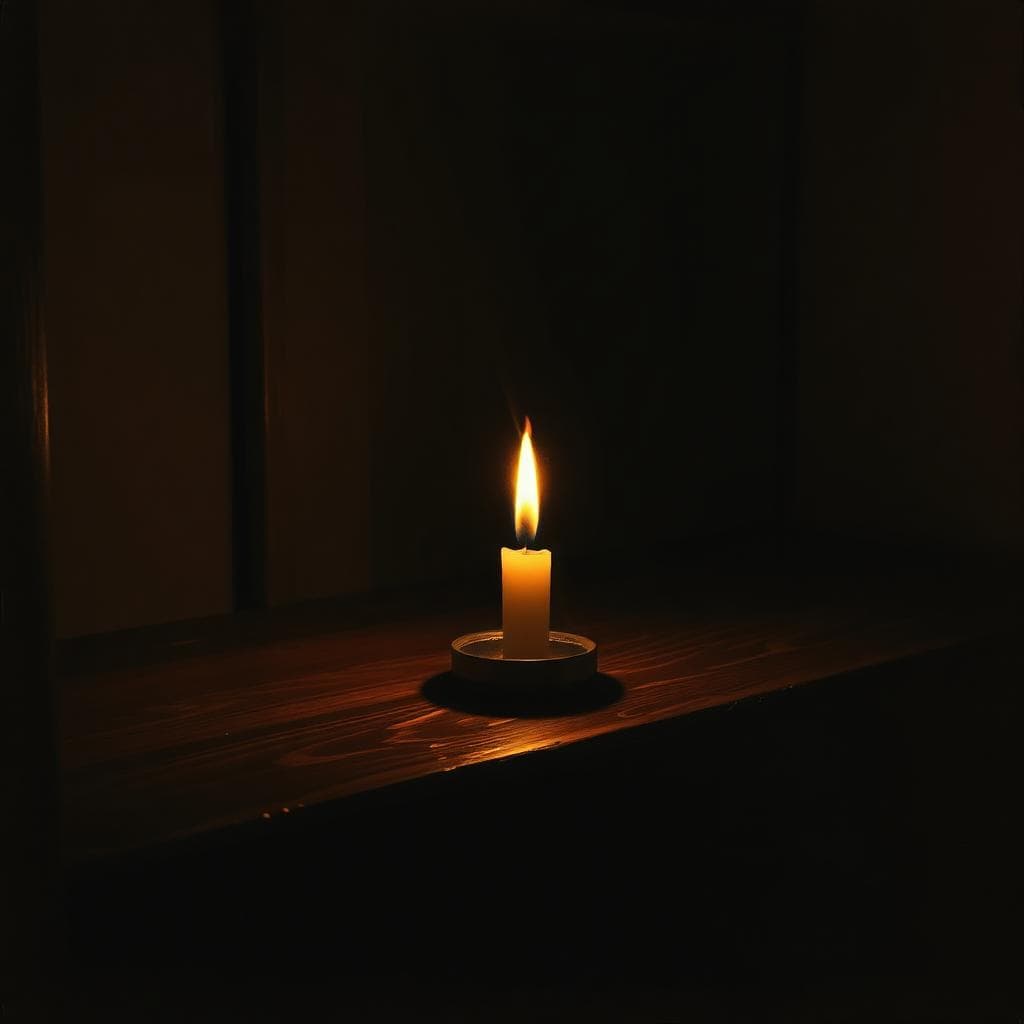 Vela pequeña encendida sobre una mesa oscura